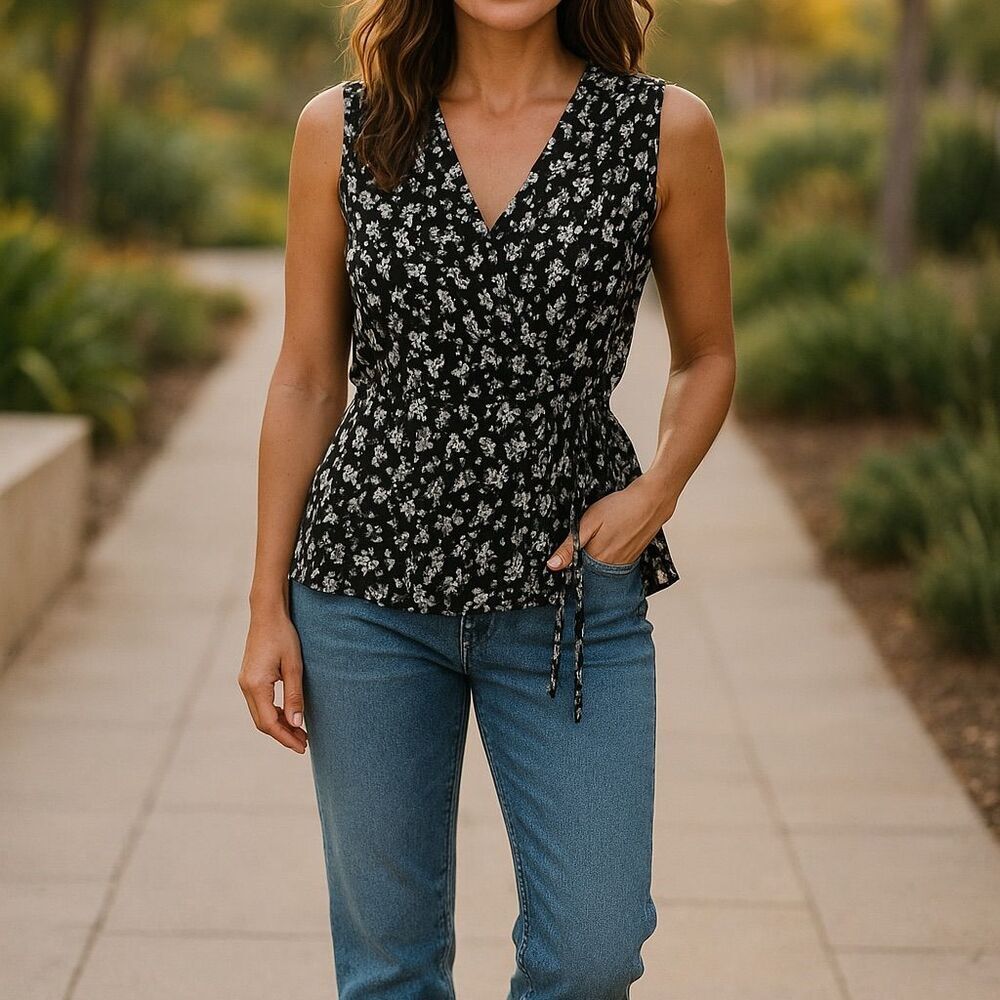 Beacon Apparel Women's M Black Floral V-Neck Sleeveless Wrap Blouse